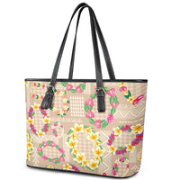 Hawaiian Kakau Tattoo Leis and Palaka Pattern Leather Tote Bag Traditional Aloha Tribal Beige Color