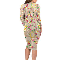 Hawaiian Kakau Tattoo Leis and Palaka Pattern Long Sleeve Bodycon Dress Traditional Aloha Tribal Beige Color LT03 - Polynesian Pride
