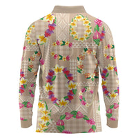 Hawaiian Kakau Tattoo Leis and Palaka Pattern Long Sleeve Polo Shirt Traditional Aloha Tribal Beige Color