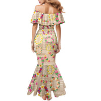 Hawaiian Kakau Tattoo Leis and Palaka Pattern Mermaid Dress Traditional Aloha Tribal Beige Color