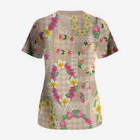Hawaiian Kakau Tattoo Leis and Palaka Pattern Scrub Top Traditional Aloha Tribal Beige Color