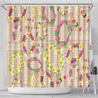Hawaiian Kakau Tattoo Leis and Palaka Pattern Shower Curtain Traditional Aloha Tribal Beige Color