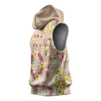 Hawaiian Kakau Tattoo Leis and Palaka Pattern Sleeveless Hoodie Traditional Aloha Tribal Beige Color