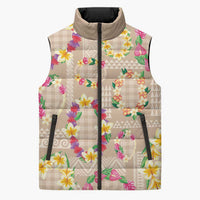 Hawaiian Kakau Tattoo Leis and Palaka Pattern Sleeveless Puffer Jacket Traditional Aloha Tribal Beige Color