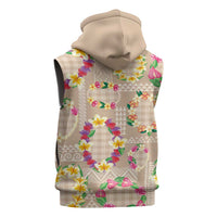 Hawaiian Kakau Tattoo Leis and Palaka Pattern Sleeveless Zip Hoodie Traditional Aloha Tribal Beige Color