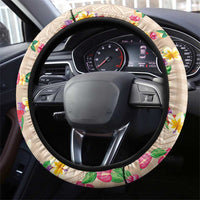 Hawaiian Kakau Tattoo Leis and Palaka Pattern Steering Wheel Cover Traditional Aloha Tribal Beige Color