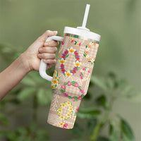 Hawaiian Kakau Tattoo Leis and Palaka Pattern Tumbler With Handle Traditional Aloha Tribal Beige Color
