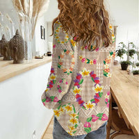 Hawaiian Kakau Tattoo Leis and Palaka Pattern Women Casual Shirt Traditional Aloha Tribal Beige Color LT03 - Polynesian Pride