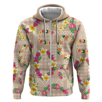 Hawaiian Kakau Tattoo Leis and Palaka Pattern Zip Hoodie Traditional Aloha Tribal Beige Color