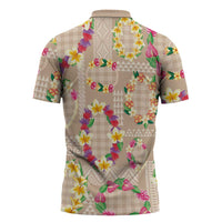 Hawaiian Kakau Tattoo Leis and Palaka Pattern Zipper Polo Shirt Traditional Aloha Tribal Beige Color