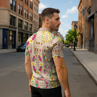 Hawaiian Kakau Tattoo Leis and Palaka Pattern Zipper Polo Shirt Traditional Aloha Tribal Beige Color