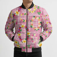 Hawaiian Leis Bomber Puffer Jacket Kakau Tattoos and Palaka Pastel Pink Color