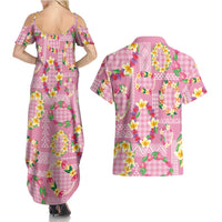 Hawaiian Leis Couples Matching Summer Maxi Dress and Hawaiian Shirt Kakau Tattoos and Palaka Pastel Pink Color LT03 - Polynesian Pride