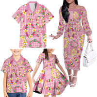 Hawaiian Leis Family Matching Off The Shoulder Long Sleeve Dress and Hawaiian Shirt Kakau Tattoos and Palaka Pastel Pink Color LT03 - Polynesian Pride