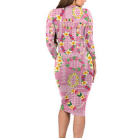Hawaiian Leis Long Sleeve Bodycon Dress Kakau Tattoos and Palaka Pastel Pink Color