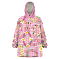 Hawaiian Leis Wearable Blanket Hoodie Kakau Tattoos and Palaka Pastel Pink Color