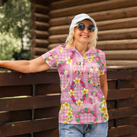Hawaiian Leis Women Polo Shirt Kakau Tattoos and Palaka Pastel Pink Color