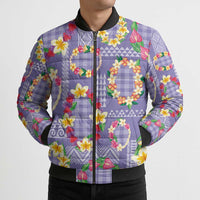 Hawaiian Leis Bomber Puffer Jacket Kakau Tattoos and Palaka Pastel Purple Color