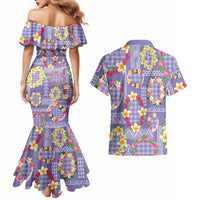 Hawaiian Leis Couples Matching Mermaid Dress and Hawaiian Shirt Kakau Tattoos and Palaka Pastel Purple Color LT03 - Polynesian Pride