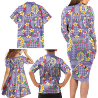 Hawaiian Leis Family Matching Long Sleeve Bodycon Dress and Hawaiian Shirt Kakau Tattoos and Palaka Pastel Purple Color LT03 - Polynesian Pride