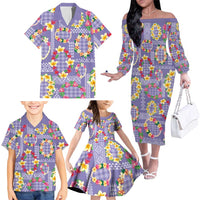 Hawaiian Leis Family Matching Off The Shoulder Long Sleeve Dress and Hawaiian Shirt Kakau Tattoos and Palaka Pastel Purple Color LT03 - Polynesian Pride