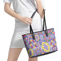 Hawaiian Leis Leather Tote Bag Kakau Tattoos and Palaka Pastel Purple Color