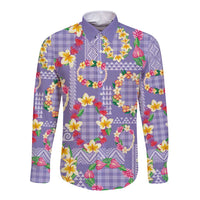 Hawaiian Leis Long Sleeve Button Shirt Kakau Tattoos and Palaka Pastel Purple Color