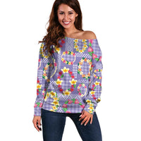 Hawaiian Leis Off Shoulder Sweater Kakau Tattoos and Palaka Pastel Purple Color