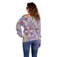 Hawaiian Leis Off Shoulder Sweater Kakau Tattoos and Palaka Pastel Purple Color