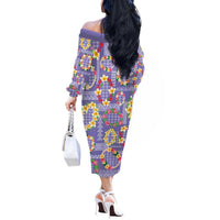 Hawaiian Leis Off The Shoulder Long Sleeve Dress Kakau Tattoos and Palaka Pastel Purple Color