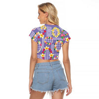Hawaiian Leis Raglan Cropped T Shirt Kakau Tattoos and Palaka Pastel Purple Color