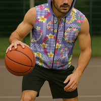 Hawaiian Leis Sleeveless Zip Hoodie Kakau Tattoos and Palaka Pastel Purple Color
