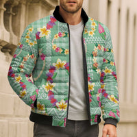 Hawaiian Leis Bomber Puffer Jacket Kakau Tattoos and Palaka Pastel Green Color
