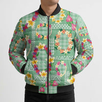 Hawaiian Leis Bomber Puffer Jacket Kakau Tattoos and Palaka Pastel Green Color