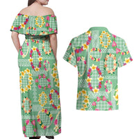 Hawaiian Leis Couples Matching Off Shoulder Maxi Dress and Hawaiian Shirt Kakau Tattoos and Palaka Pastel Green Color LT03 - Polynesian Pride