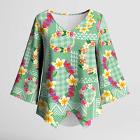 Hawaiian Leis Kimono Sleeve Blouse Kakau Tattoos and Palaka Pastel Green Color