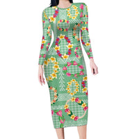 Hawaiian Leis Long Sleeve Bodycon Dress Kakau Tattoos and Palaka Pastel Green Color