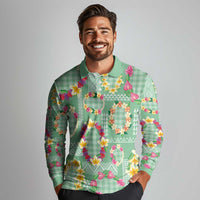 Hawaiian Leis Long Sleeve Polo Shirt Kakau Tattoos and Palaka Pastel Green Color