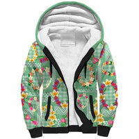 Hawaiian Leis Sherpa Hoodie Kakau Tattoos and Palaka Pastel Green Color