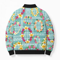 Hawaiian Leis Bomber Puffer Jacket Kakau Tattoos and Palaka Pastel Teal Color