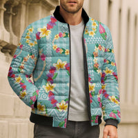 Hawaiian Leis Bomber Puffer Jacket Kakau Tattoos and Palaka Pastel Teal Color