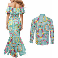 Hawaiian Leis Couples Matching Mermaid Dress and Long Sleeve Button Shirt Kakau Tattoos and Palaka Pastel Teal Color LT03 - Polynesian Pride
