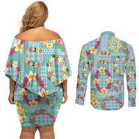 Hawaiian Leis Couples Matching Off Shoulder Short Dress and Long Sleeve Button Shirt Kakau Tattoos and Palaka Pastel Teal Color