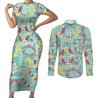 Hawaiian Leis Couples Matching Short Sleeve Bodycon Dress and Long Sleeve Button Shirt Kakau Tattoos and Palaka Pastel Teal Color LT03 Teal - Polynesian Pride