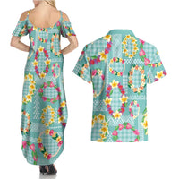 Hawaiian Leis Couples Matching Summer Maxi Dress and Hawaiian Shirt Kakau Tattoos and Palaka Pastel Teal Color LT03 - Polynesian Pride