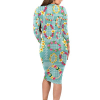 Hawaiian Leis Family Matching Long Sleeve Bodycon Dress and Hawaiian Shirt Kakau Tattoos and Palaka Pastel Teal Color LT03 - Polynesian Pride