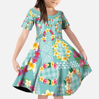 Hawaiian Leis Family Matching Off Shoulder Short Dress and Hawaiian Shirt Kakau Tattoos and Palaka Pastel Teal Color LT03 Daughter's Dress Teal - Polynesian Pride