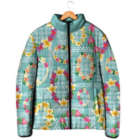 Hawaiian Leis Padded Jacket Kakau Tattoos and Palaka Pastel Teal Color