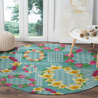Hawaiian Leis Round Carpet Kakau Tattoos and Palaka Pastel Teal Color