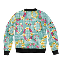 Hawaiian Leis Sleeve Zip Bomber Jacket Kakau Tattoos and Palaka Pastel Teal Color